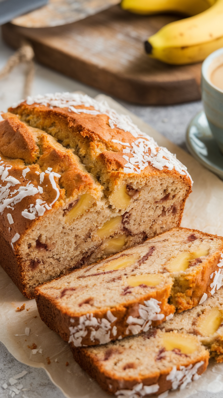 Tropical Coconut Banana Bread Recipe Sliced coconut banana bread with a golden crust and visible banana chunks on a wooden board.