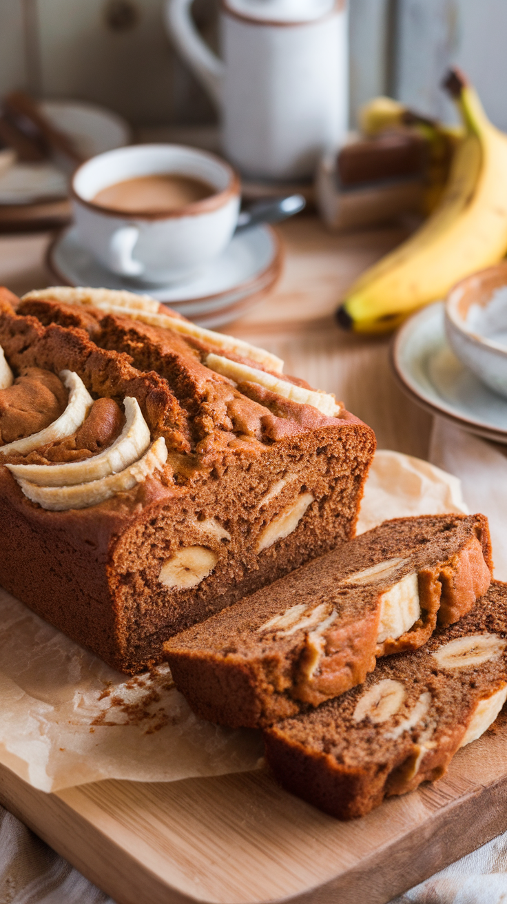 Peanut Butter Banana Bread Delight A freshly baked peanut butter banana bread loaf on a cutting board, with slices cut to show moist texture and peanut butter swirls.