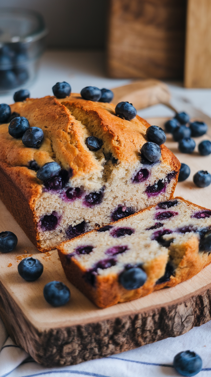 Moist Blueberry Banana Bread Recipe Freshly baked blueberry banana bread on a cutting board with blueberries around it.