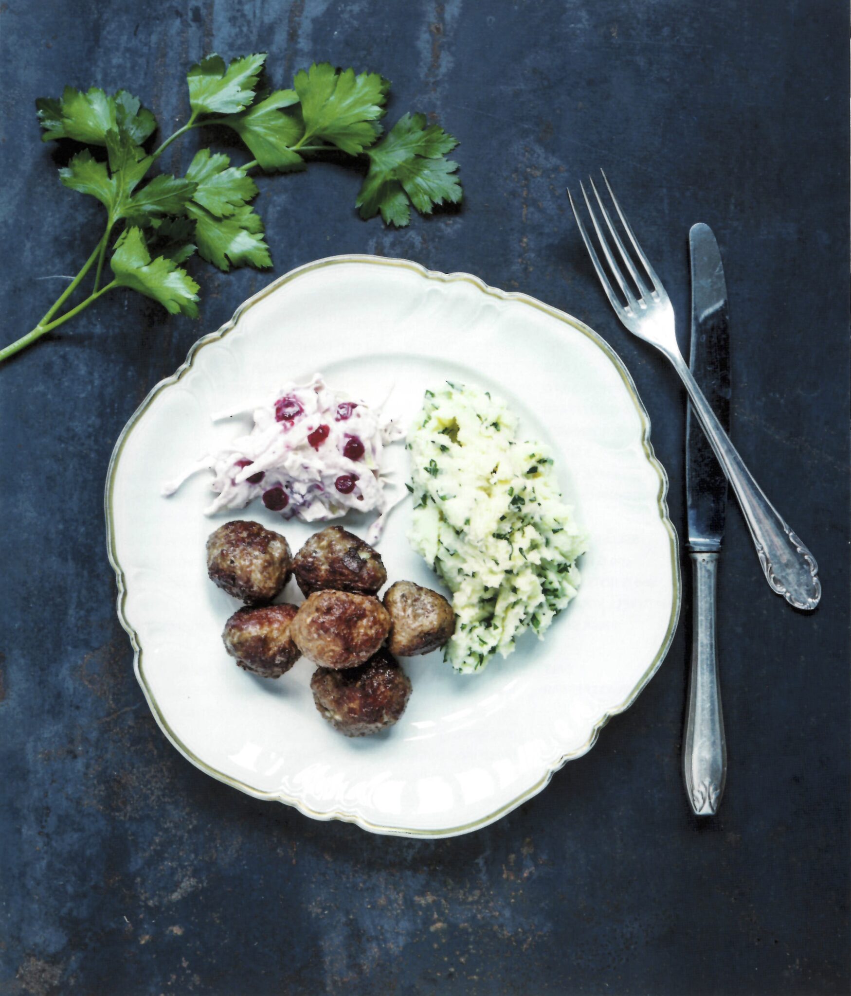 Swedish Meatballs with Mashed Potatoes and Cabbage Salad with Lingonberries