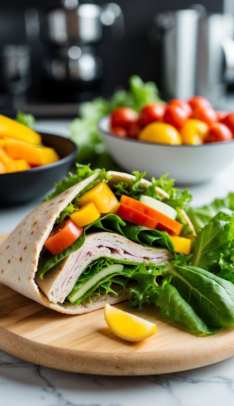 A colorful array of fresh vegetables, turkey, and lettuce arranged on a clean, modern kitchen counter