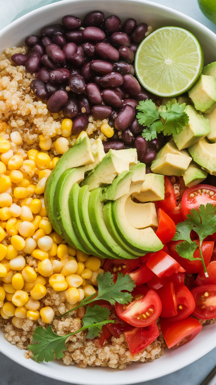 Healthy Quinoa and Black Bean Protein Bowl A colorful quinoa and black bean bowl with avocado, tomatoes, corn, and lime on a rustic table.