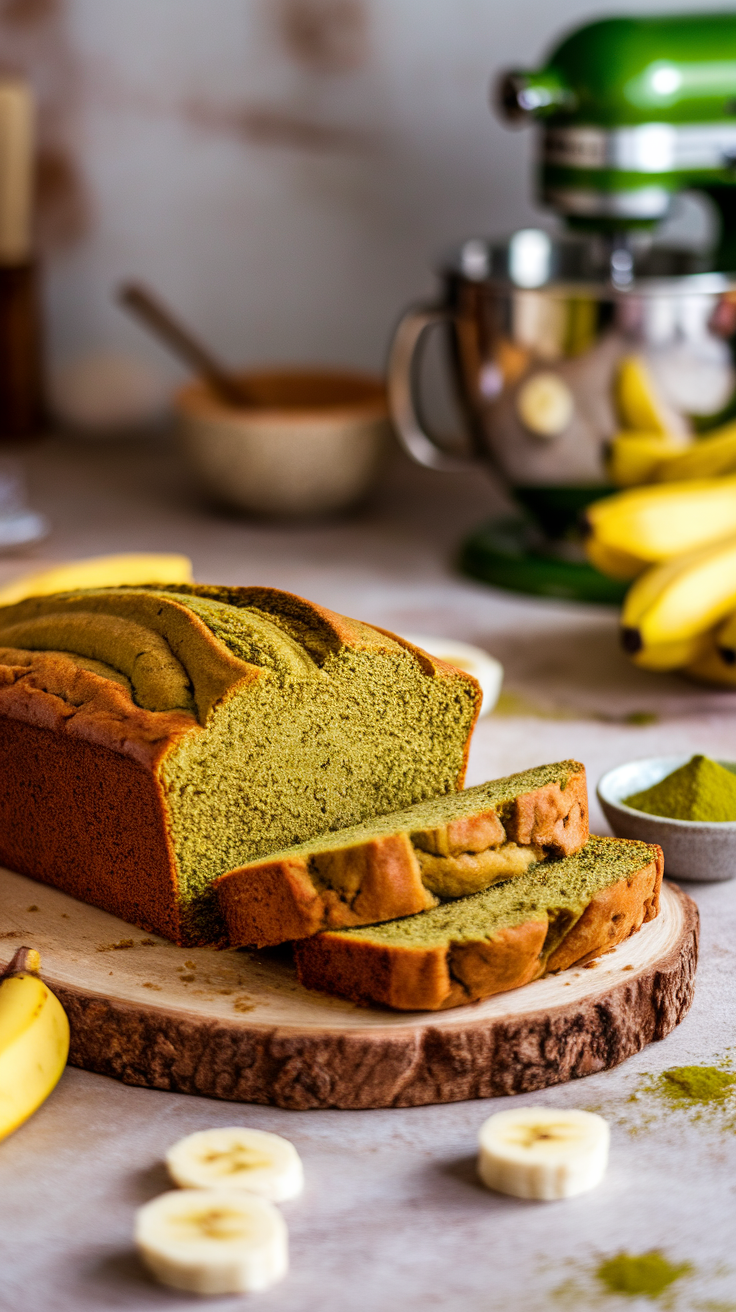 Vibrant Matcha Banana Bread Recipe Sliced matcha banana bread on a wooden board, with banana slices and matcha powder.