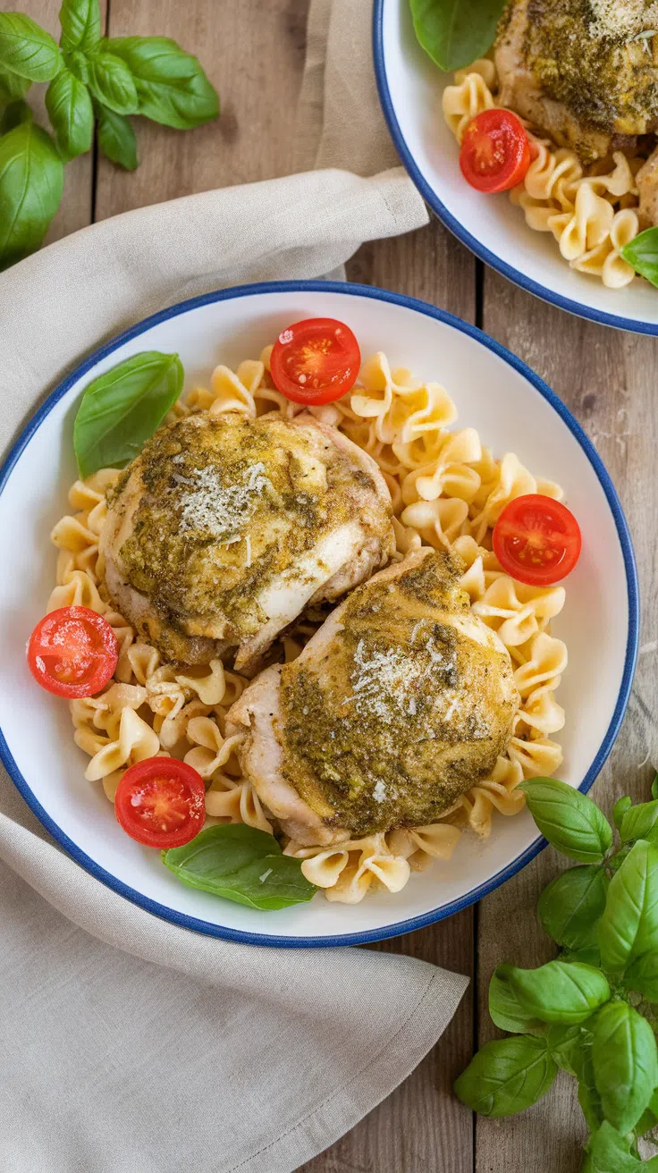 Baked pesto chicken thighs served over pasta with cherry tomatoes, garnished with basil on a rustic table.