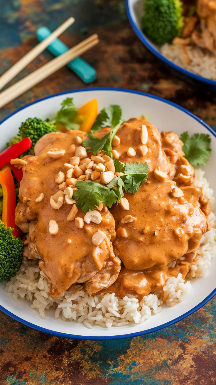 Sautéed chicken thighs in peanut sauce with rice and colorful vegetables on a rustic table.