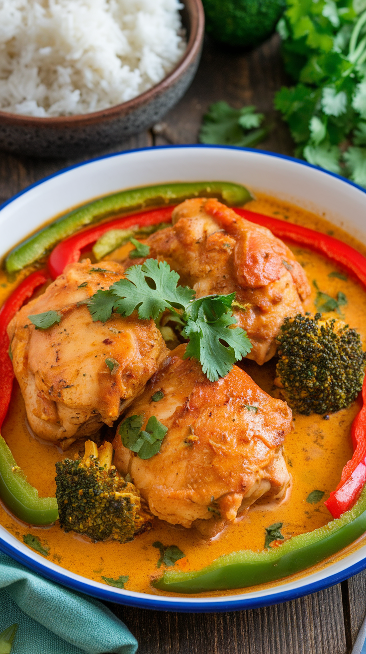 Rich and Flavorful Coconut Curry Chicken Thighs Coconut curry chicken thighs with vegetables, garnished with cilantro, served over rice.