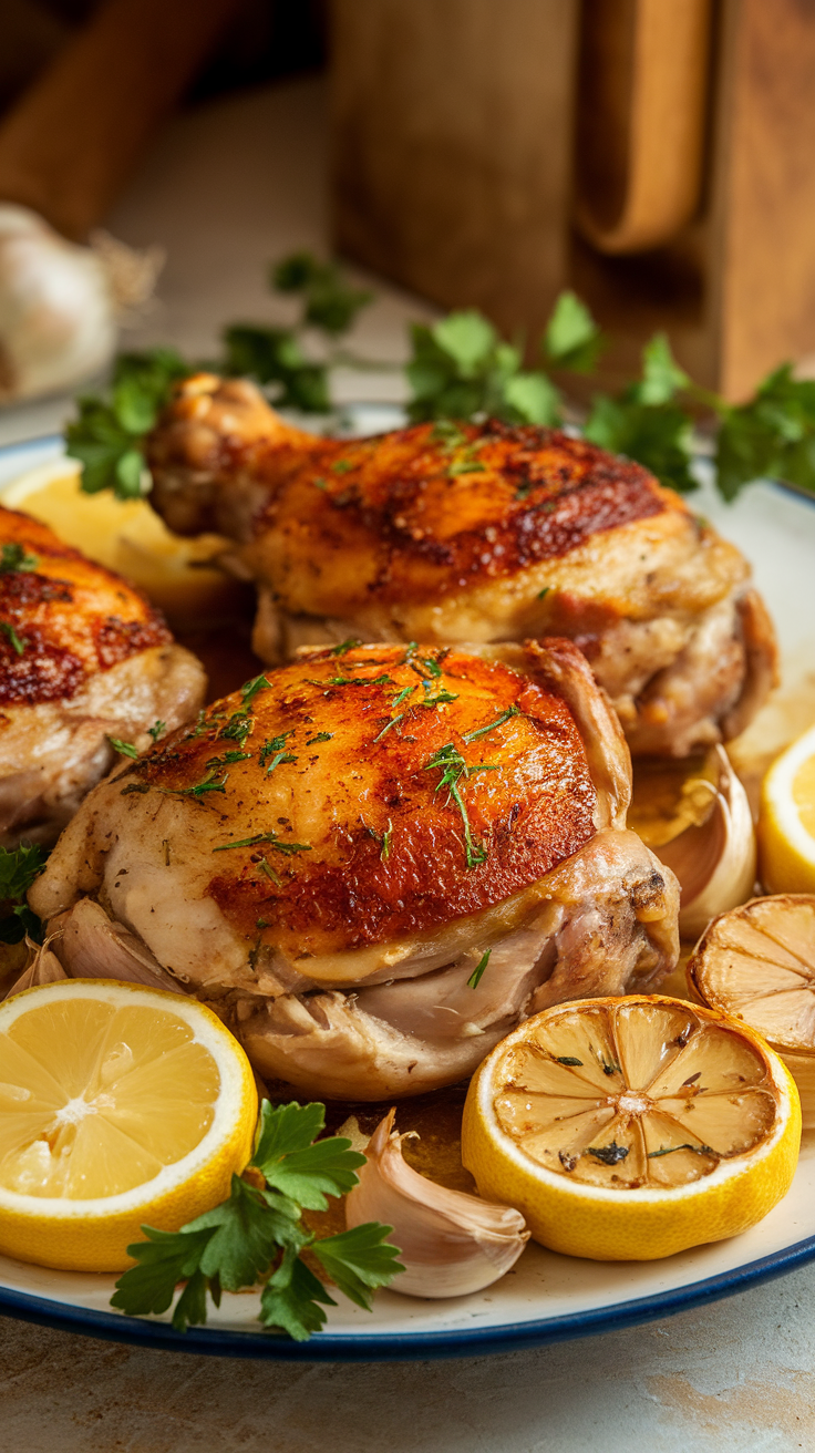 Golden roast chicken thighs with garlic and lemon slices on a rustic plate.