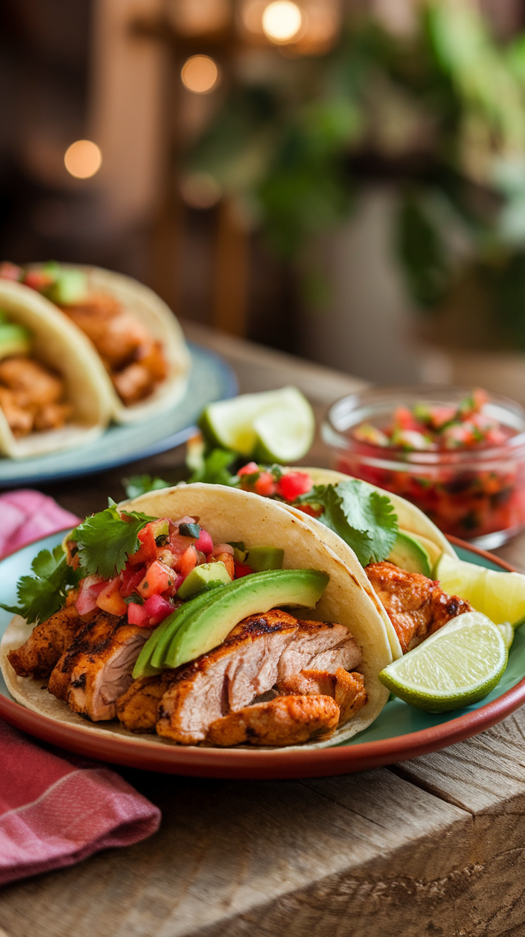 Grilled Chicken Thigh Tacos with Avocado and Salsa Grilled chicken thigh tacos with avocado, salsa, and cilantro on a wooden table.