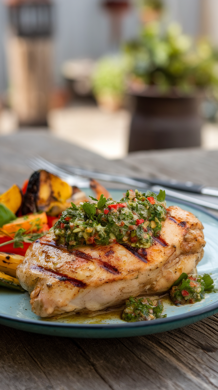 Grilled Chicken Thighs with Vibrant Chimichurri Sauce Juicy grilled chicken thigh topped with chimichurri sauce and served with grilled vegetables.