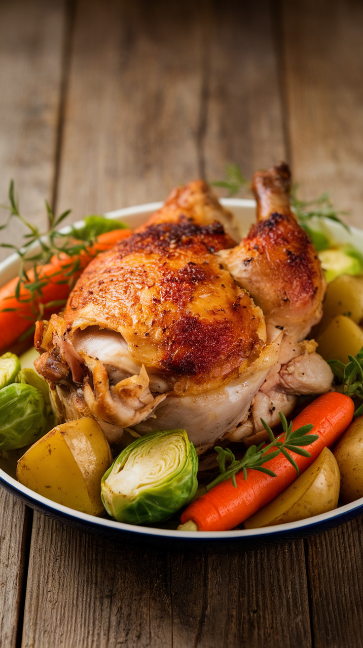 Roast chicken thigh with carrots, potatoes, and Brussels sprouts on a wooden table, garnished with herbs.