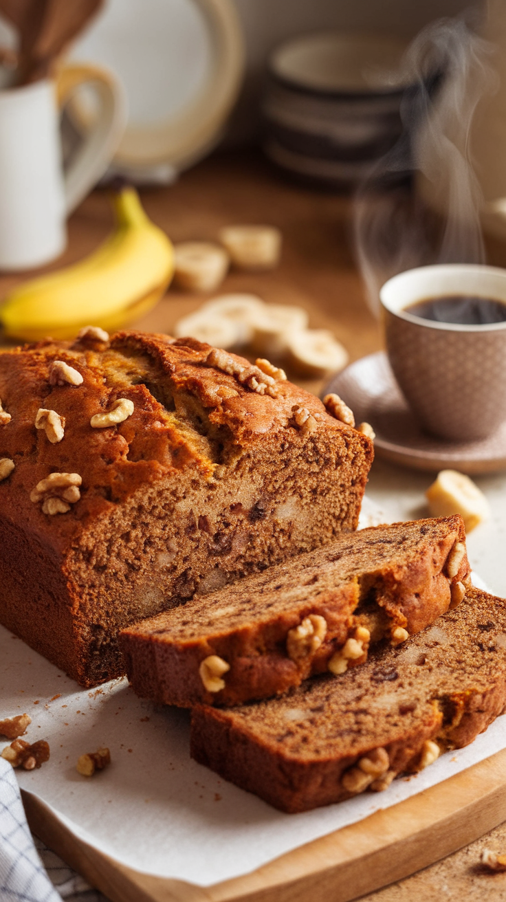 A loaf of spiced banana bread with walnuts, served with slices on a wooden board and a cup of coffee.