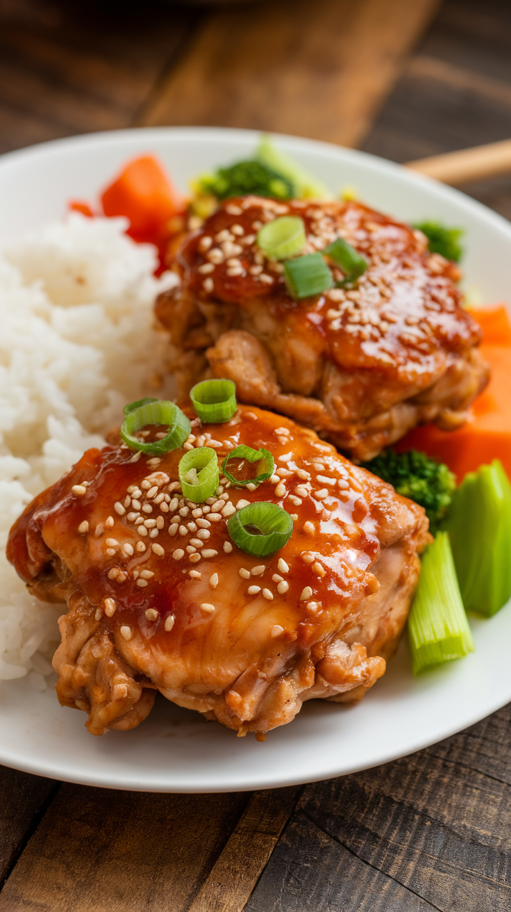 Savory Teriyaki Chicken Thighs Recipe Teriyaki chicken thighs with rice and steamed vegetables, garnished with sesame seeds and green onions.
