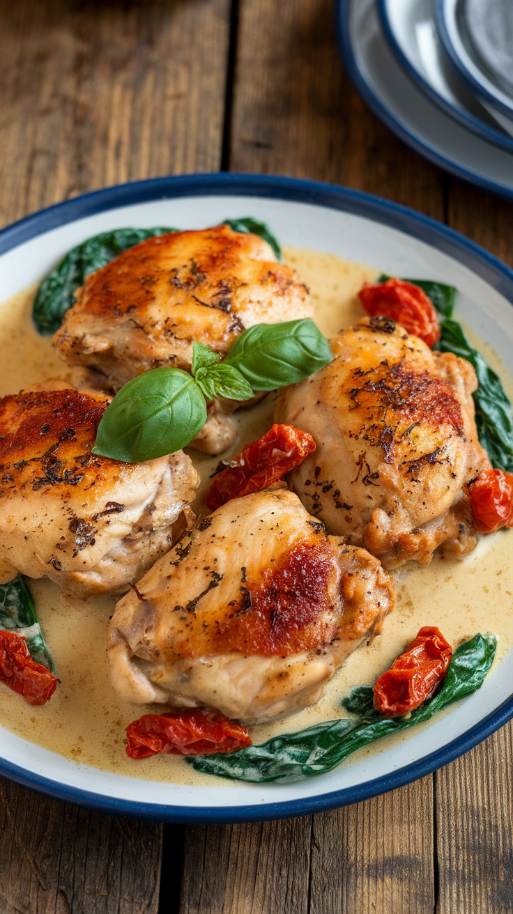 Creamy Tuscan Chicken Thighs served with spinach and sun-dried tomatoes on a rustic table.