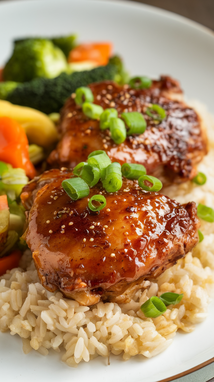 Sweet and Savory Honey Garlic Chicken Thighs Recipe Honey garlic chicken thighs served with steamed rice and garnished with green onions.
