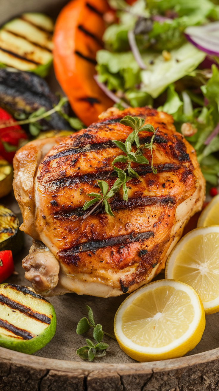 Zesty Lemon Herb Grilled Chicken Thighs Grilled chicken thighs marinated in lemon and herbs, garnished with lemon slices and fresh herbs on a wooden platter.