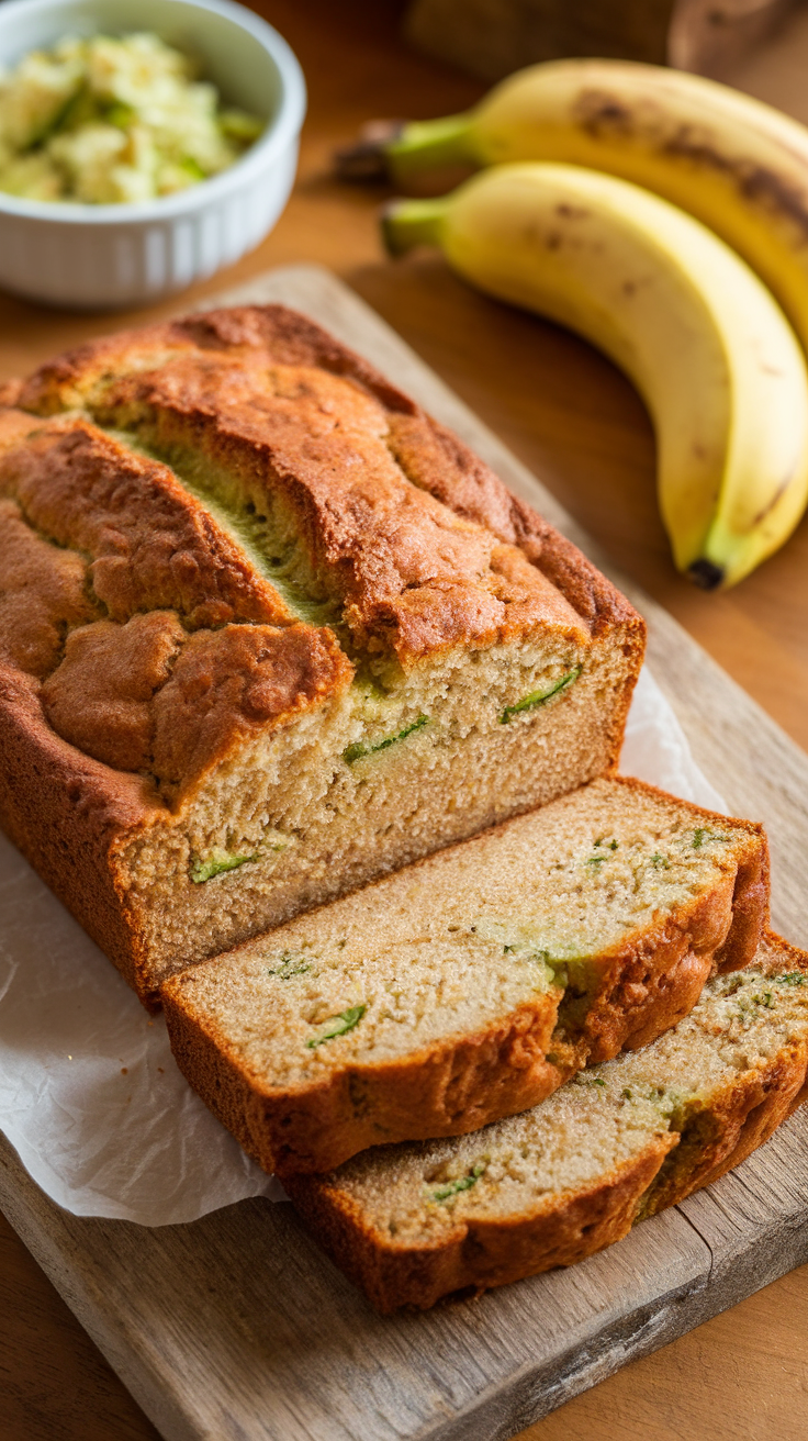 Moist Zucchini Banana Bread Recipe Sliced zucchini banana bread on a cutting board with bananas and grated zucchini in the background.