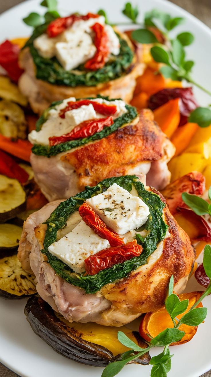 Stuffed chicken thighs with spinach, feta, and sun-dried tomatoes on a plate with roasted vegetables.
