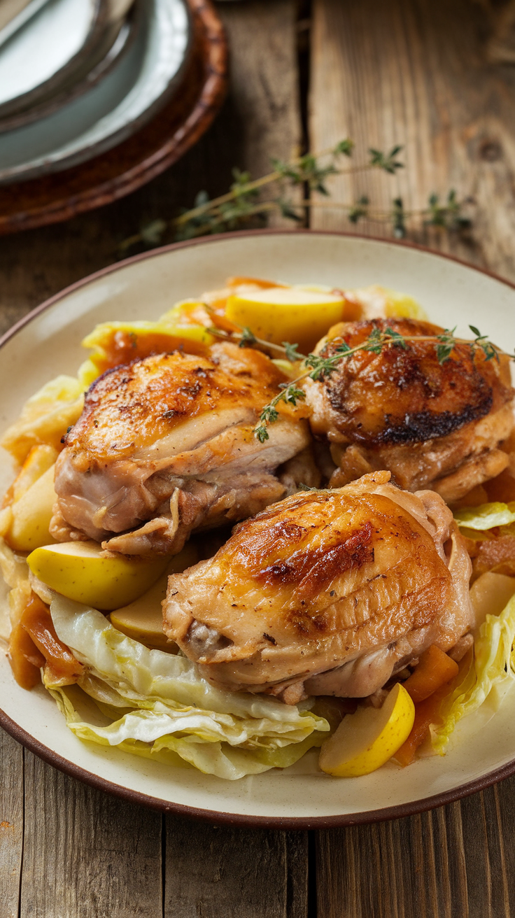 Sautéed Chicken Thighs with Cabbage and Apples Sautéed chicken thighs with cabbage and apples, garnished with thyme on a rustic table.
