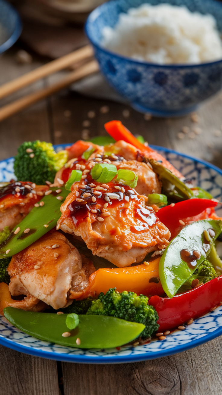 Savory Chicken Thigh Stir-Fry with Vegetables A colorful chicken thigh stir-fry with bell peppers, broccoli, and snap peas on a plate with rice.