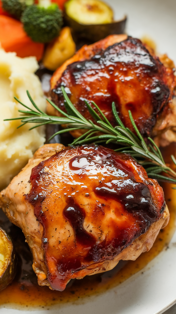 Sweet and Tangy Balsamic Glazed Chicken Thighs Recipe Balsamic glazed chicken thighs on a plate, garnished with rosemary, served with roasted vegetables and mashed potatoes.