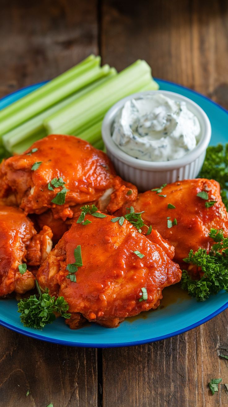Spicy Buffalo Chicken Thighs Recipe Buffalo chicken thighs served with celery sticks and blue cheese dressing on a rustic table.