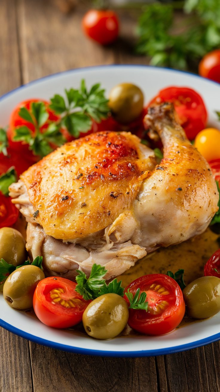 Mediterranean Herb Roasted Chicken Thighs Roasted Mediterranean chicken thigh with cherry tomatoes and olives on a rustic table.