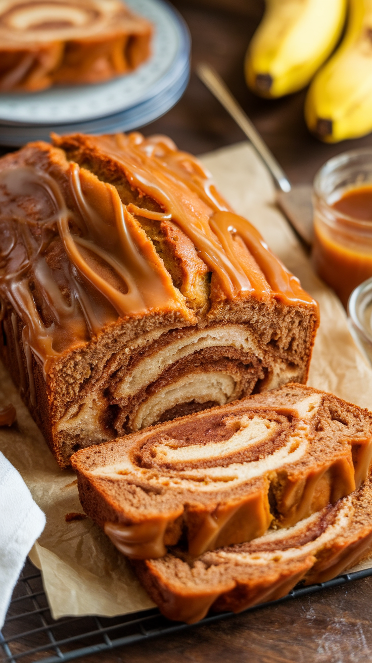 Sliced caramel swirl banana bread showcasing its moist texture and caramel drizzles on a rustic table.