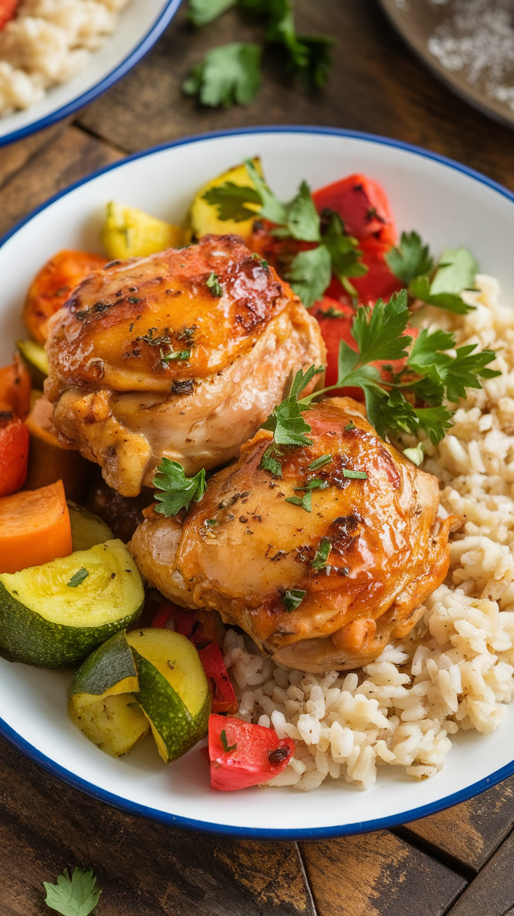 Spicy Honey Mustard Baked Chicken Thighs Baked spicy honey mustard chicken thighs garnished with parsley, served with roasted vegetables and rice.