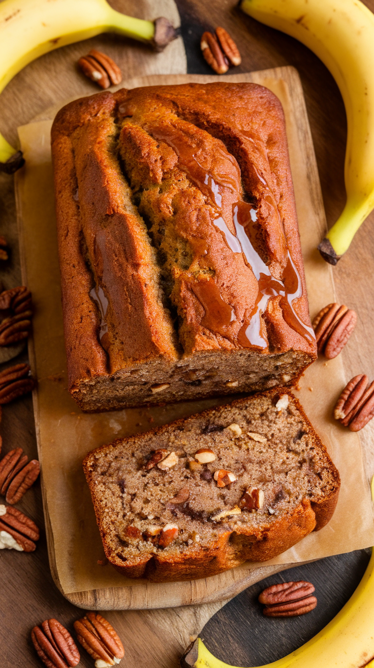 Maple Pecan Banana Bread Recipe A golden loaf of banana bread with pecans, slice cut to show moist interior, on a wooden board with bananas and pecans.