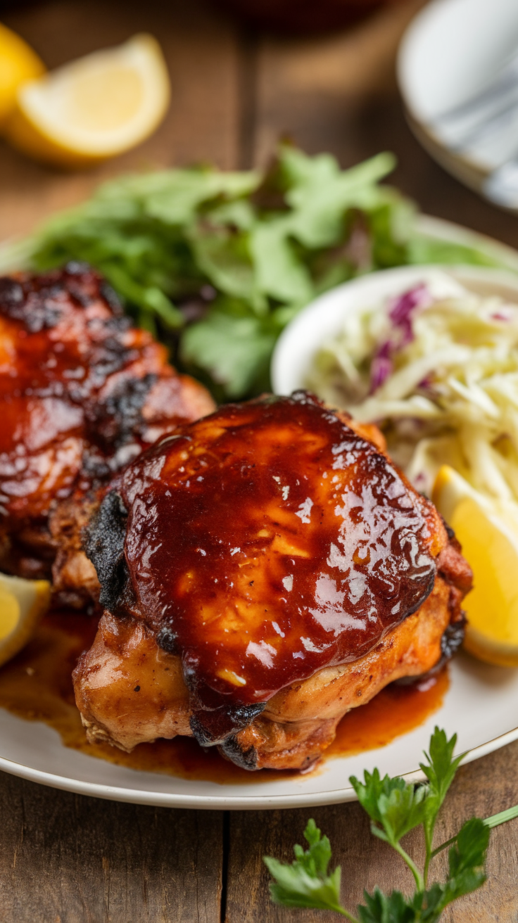 Savory BBQ Chicken Thighs Recipe Delicious BBQ chicken thighs glistening with sauce, served on a rustic table with greens and coleslaw.