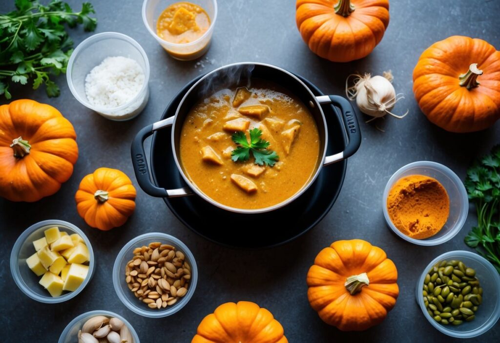A steaming pot of pumpkin curry surrounded by prepped freezer-friendly ingredients and labeled containers