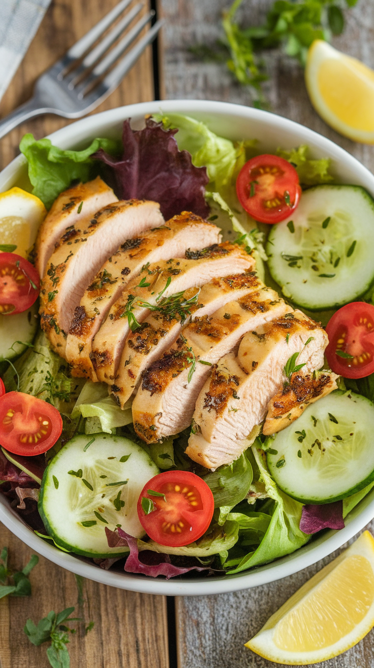 Zesty Grilled Lemon Herb Chicken Salad Grilled lemon herb chicken salad with mixed greens, cherry tomatoes, and cucumber in a rustic bowl.
