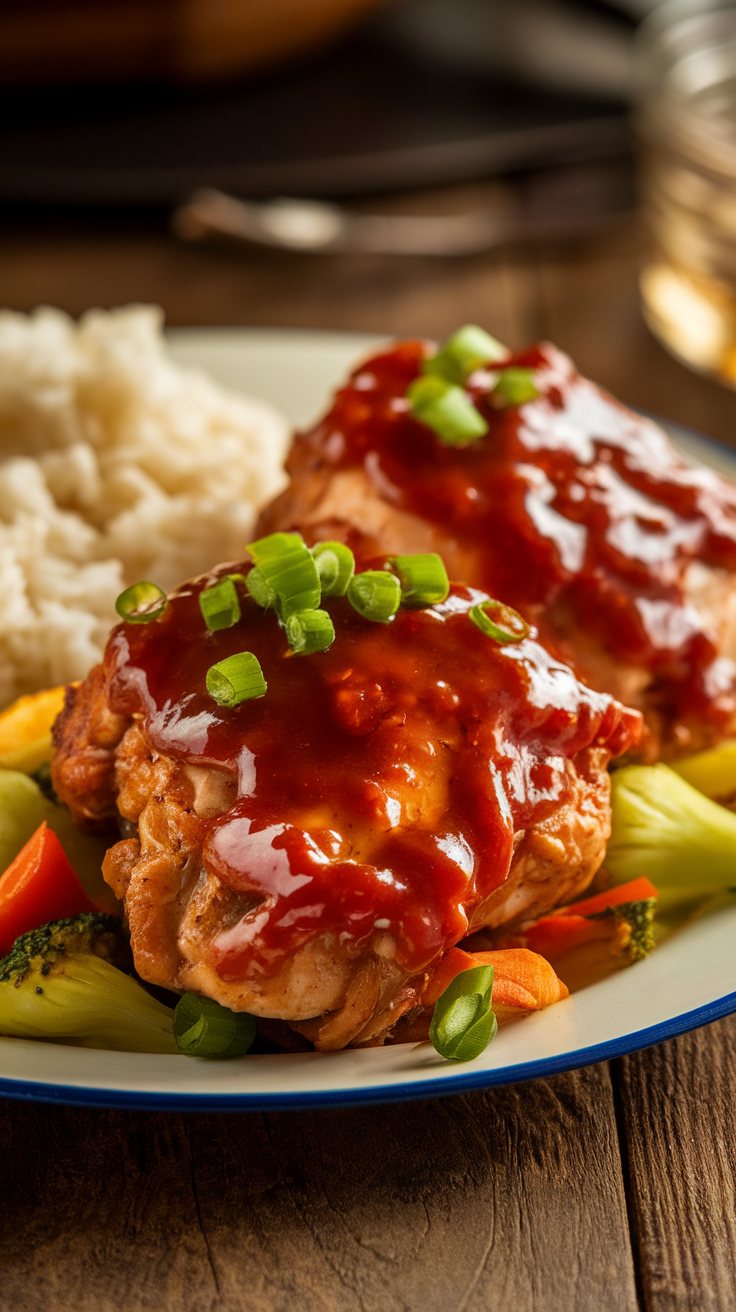 Tender Slow Cooker Chicken Thighs with BBQ Sauce Tender slow cooker chicken thighs with BBQ sauce, served with rice and sautéed vegetables.