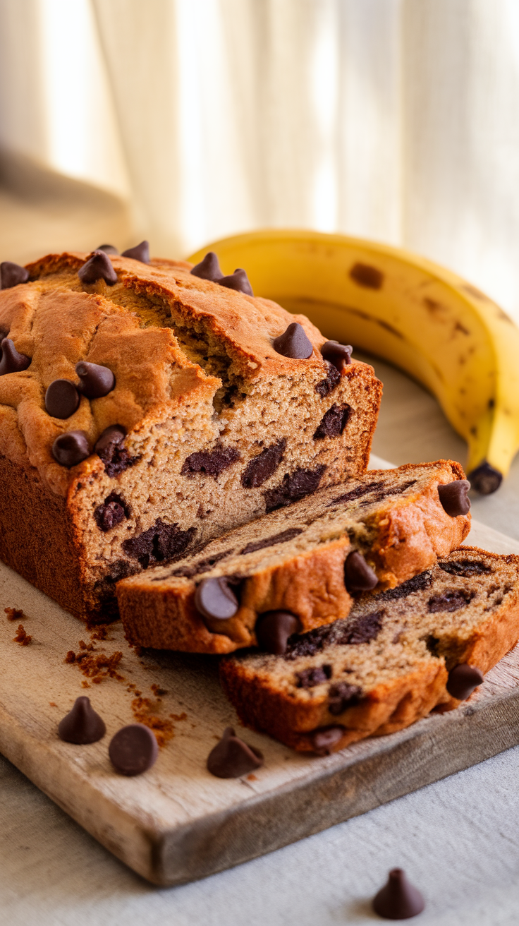 Decadent Chocolate Chip Banana Bread Recipe A loaf of chocolate chip banana bread, sliced to show moist interior with chocolate chips, on a wooden board with a banana.