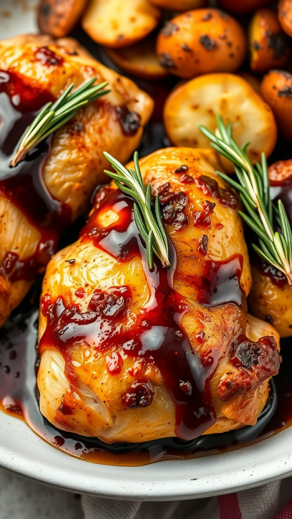Balsamic glazed chicken thighs with rosemary on a plate