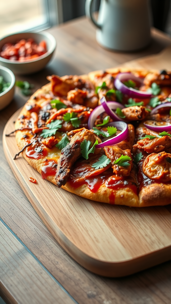 A delicious BBQ chicken pizza topped with onions and cilantro on a wooden cutting board.