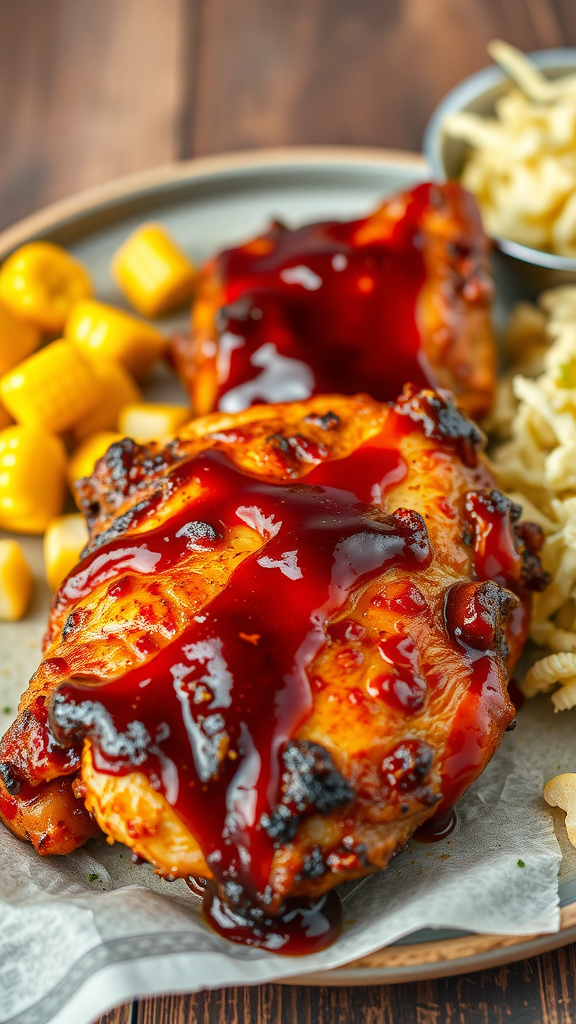Delicious BBQ chicken thighs with corn and pasta salad