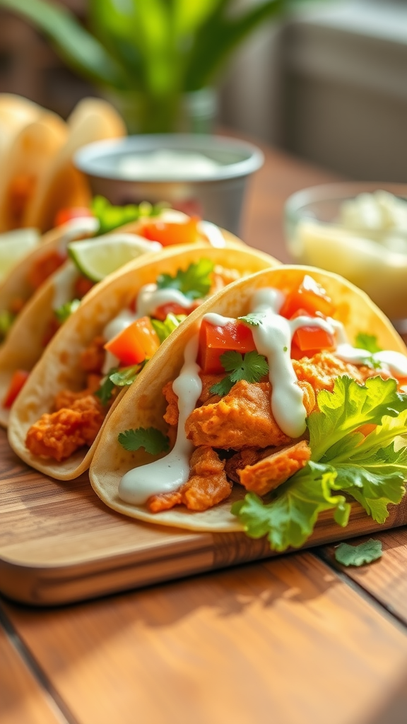 Three buffalo chicken tacos on a wooden board, garnished with cilantro, tomatoes, and a drizzle of ranch dressing.
