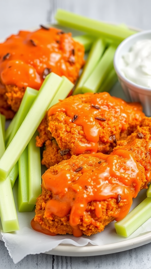 Buffalo chicken thighs drizzled with sauce and served with celery sticks and ranch dressing
