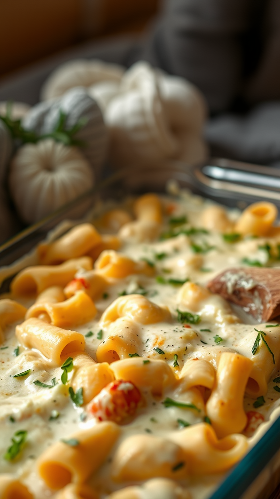 Creamy Chicken Alfredo Pasta Bake with rotini pasta and garnished with herbs.