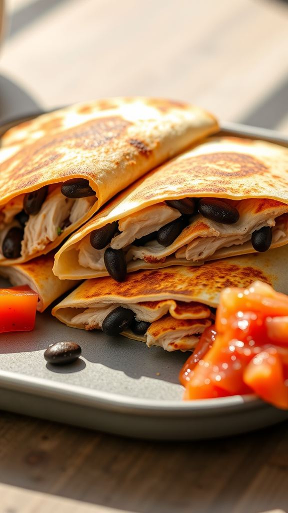 Delicious chicken and black bean quesadillas served with salsa and diced tomatoes.
