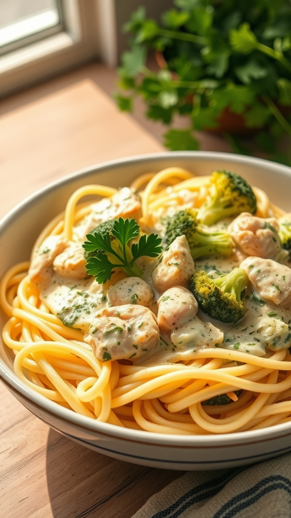 A bowl of Chicken and Broccoli Alfredo with pasta, broccoli, and a creamy sauce, garnished with parsley.