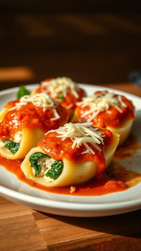 Pasta shells stuffed with chicken and spinach, topped with tomato sauce and cheese