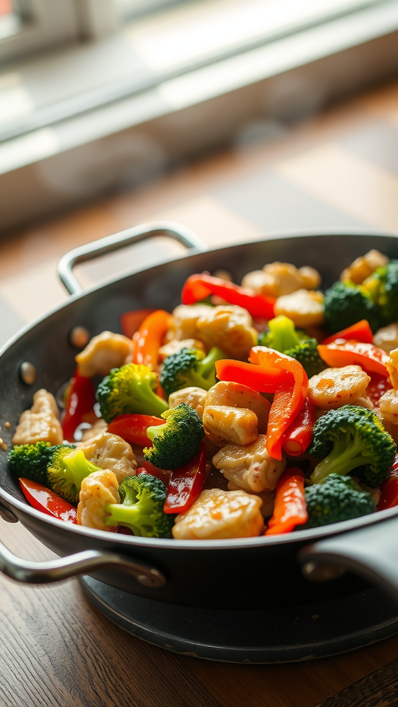 A colorful stir-fry with chicken and various vegetables in a pan.