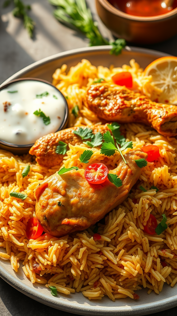 Plate of chicken biryani with pieces of chicken, rice, and garnishes.