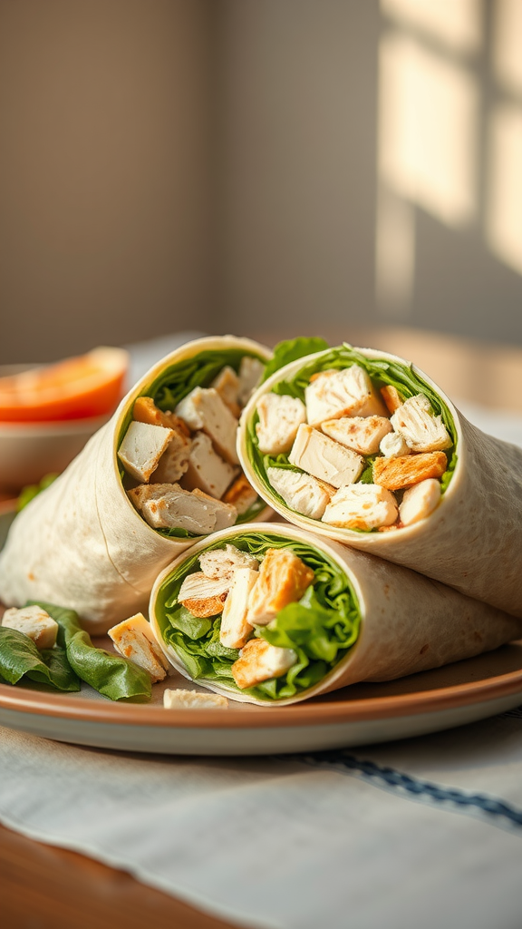 A plate with three chicken Caesar salad wraps, featuring shredded rotisserie chicken and greens.