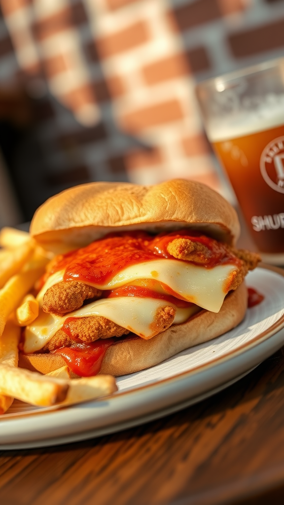 A delicious Chicken Parmesan sandwich with fries on a plate.