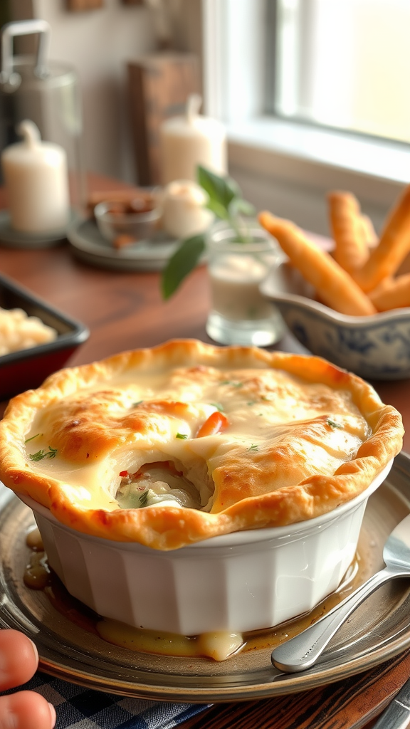 A freshly baked chicken pot pie in a white dish, golden brown crust, with a hint of filling visible.
