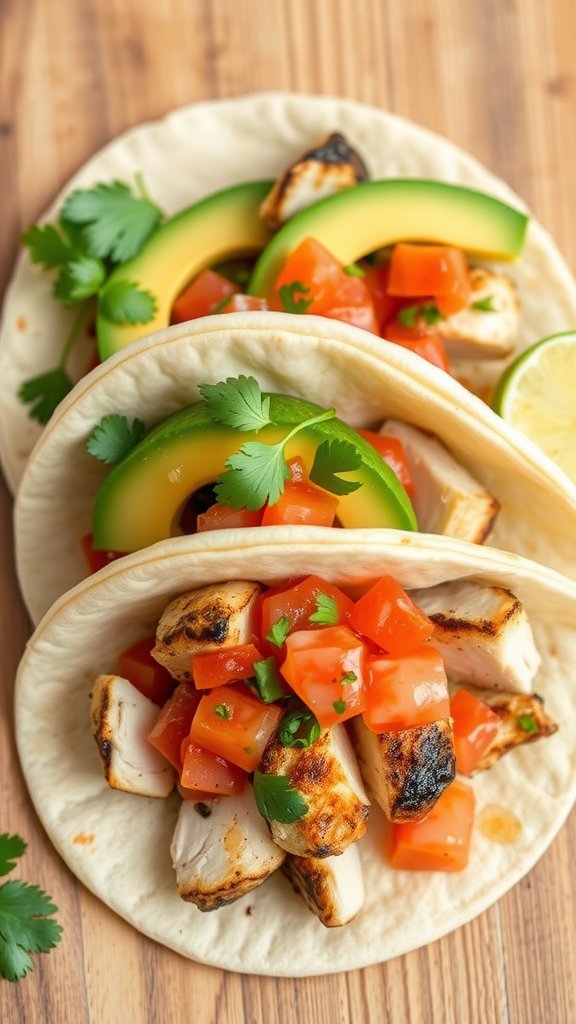 Chicken thigh tacos with avocado and salsa on a wooden surface