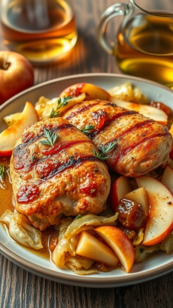 Plate of chicken thighs served with cabbage and apple slices